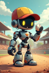 Little boy robot wearing a baseball cap and holding a baseball on a dusty baseball field.